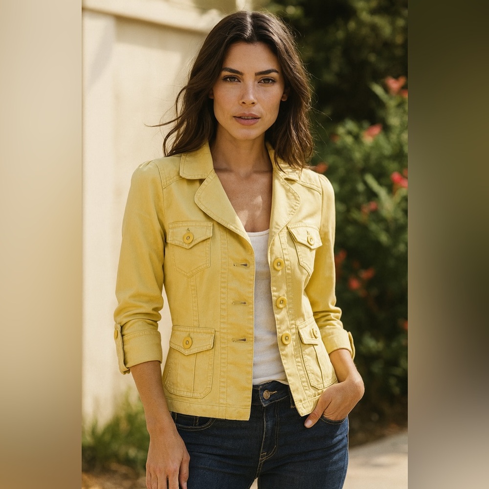 Anthropologie’s Sanctuary Women's Yellow Jean Jacket Utility Coat Fitted Blazer